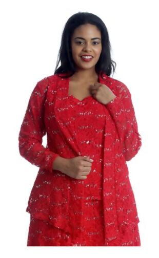 Plus Size Red Sequin Two piece Cami and Cardigan Set 