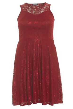 Plus Size Red Sleeveless Floral Lace Skater Dress