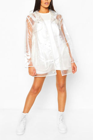 Plus Size Pearl Trim Transparent Rain Mac