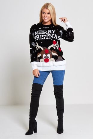 Plus Size Black Merry Christmas Reindeer Knitted Jumper