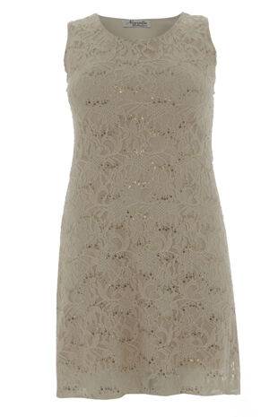 Plus Size Mocha Sleeveless Lace Sequin Evening Swing Dress