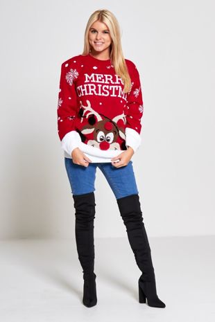 Plus Size Red Merry Christmas Reindeer Knitted Jumper