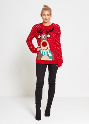 Plus Size Red Rudolph Pom Pom Knitted Christmas Jumper