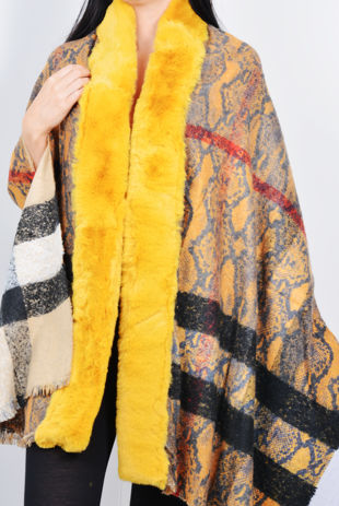 Printed Faux Fur Trim Reversible Cape