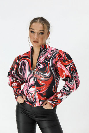 Red Marble Puff Sleeve Zip Up Jacket