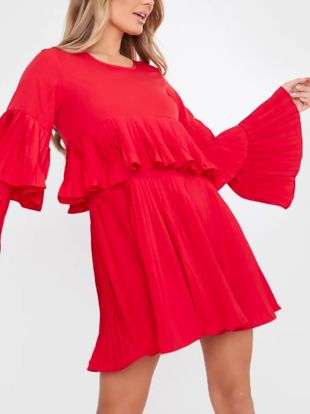 Red Pleated Long Sleeve Smock Dress 