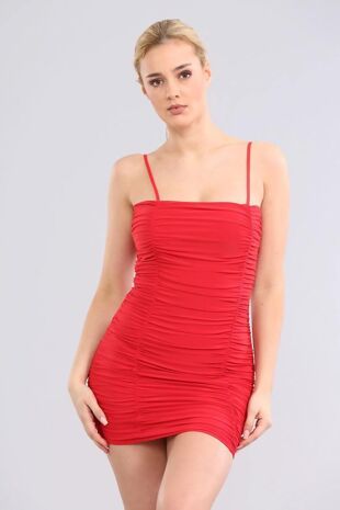 Red Ruched Double Layer Slinky Cami Dress