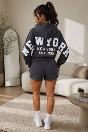 Slate Grey Oversized New York Printed Hoodie With Shorts Set
