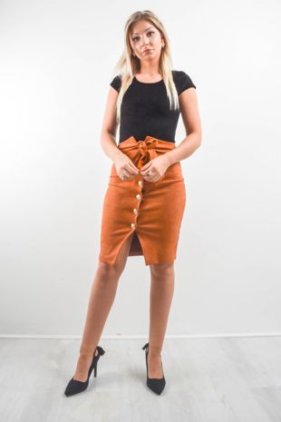Rust Suede Button Up Pencil Skirt