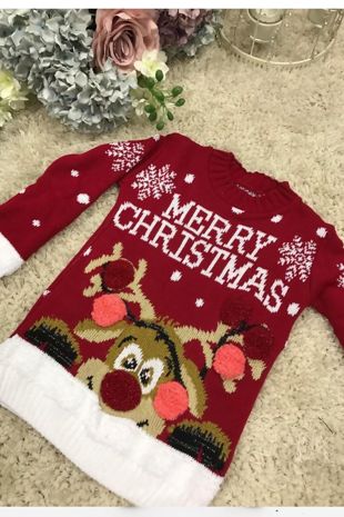 Red Kids Merry Christmas Knitted Jumper