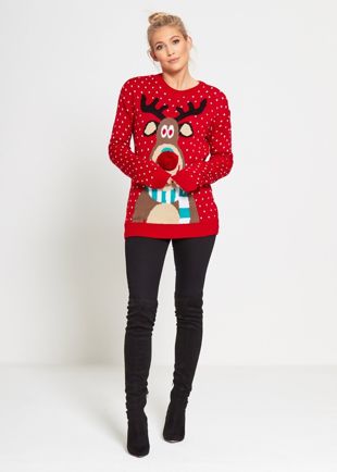 Red Rudolph Pom Pom Knitted Christmas Jumper