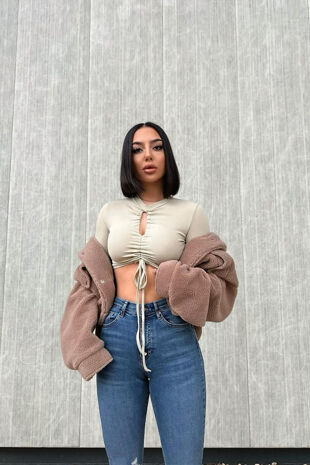 Sage Ruched Keyhole Long Sleeve Top