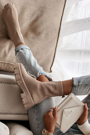 Sand Chunky Sole Sock Ankle Boots