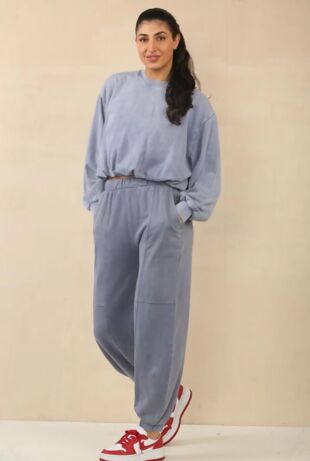 Powder Blue Acid Wash Sweat With Bubble Hem Set