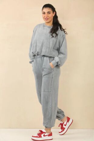 Silver Grey Acid Wash Sweat With Bubble Hem Set