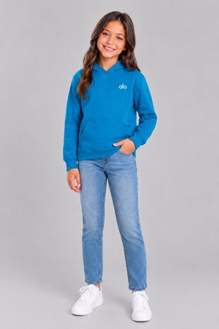 Blue Kids Casual Fleece Printed Pullover Hoodie