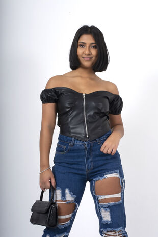 Job Lot Black Pu Faux Leather Zip Front Crop Top