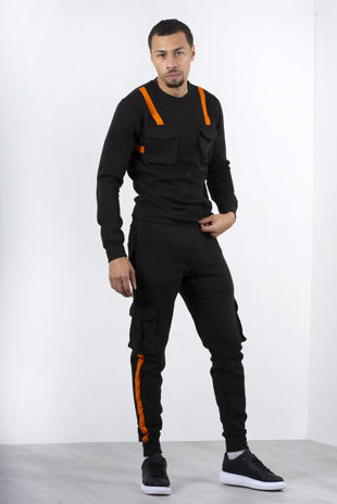 Black Contrast Strap Pullover Cargo Tracksuit