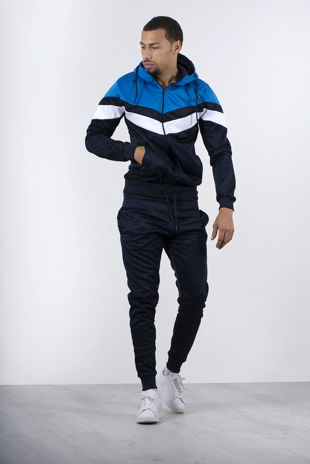 Navy Colourblock Chevron Hooded Skinny Tracksuit