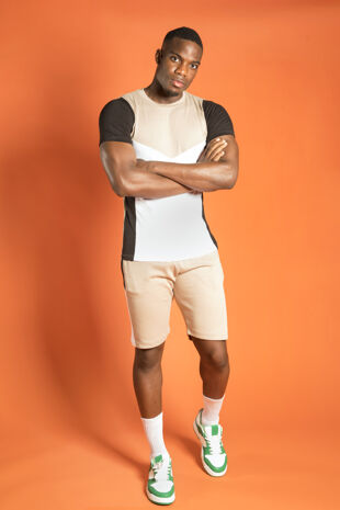 Taupe With White And Black Colour Block Side Panel Short Set