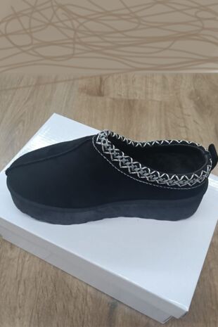 Kids Black Embroidery Detail Faux Fur Lining Slippers 