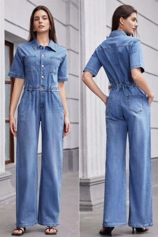 Short Sleeve Elastic Waist Denim Jumpsuit