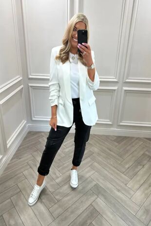 White Ruched Sleeve Blazer