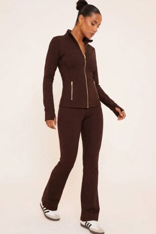 Brown Sculpted Zip-Up Jacket & Flare Leggings Set