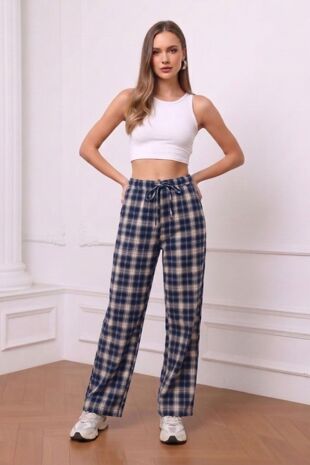 Tartan Wide Leg Elastic Waist Trousers