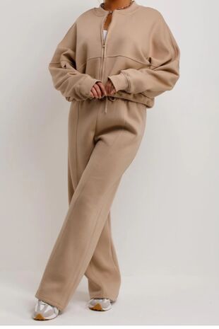 Beige Bomber Sweatshirt With Straight Leg Jogger