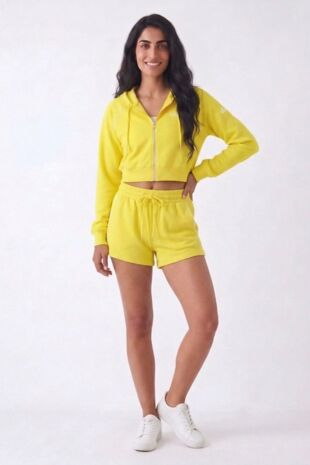 Yellow Contrast Piping Printed Zip Up Hoodie With Short Set