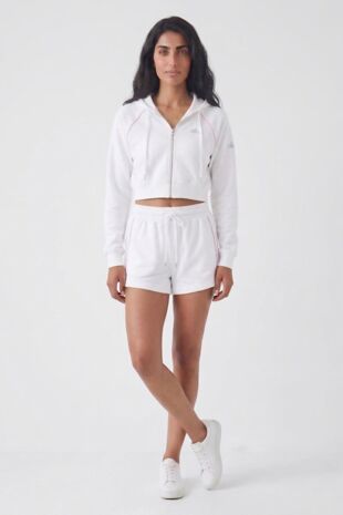 White Contrast Piping Printed Zip Up Hoodie With Short Set