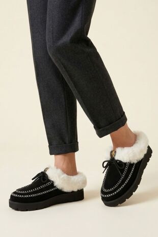 Black Faux Fur Trim Stitch Detail Moccasin Slippers