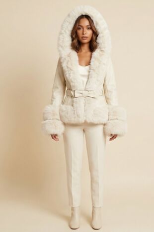 Ivory Faux Fur Trim Hooded Belted Winter Coat