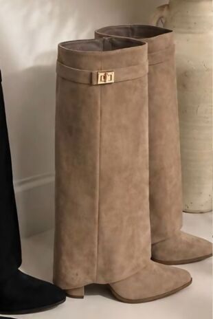 Beige Pointed Toe Gold Buckle Detail Knee High Boots