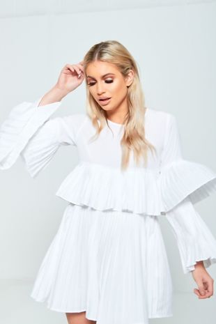 White Pleated Ruffle Mini Dress
