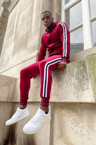 Wine Velvet Twin Side Stripe Hooded Skinny Tracksuit