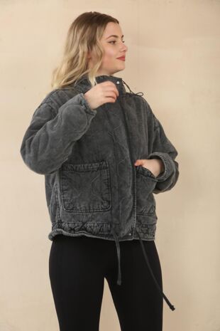 Charcoal Quilted High Collar with Zipper Jacket