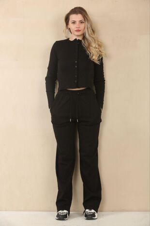 Black Fine Rib Button Detail Top With Wide Leg Trouser Set