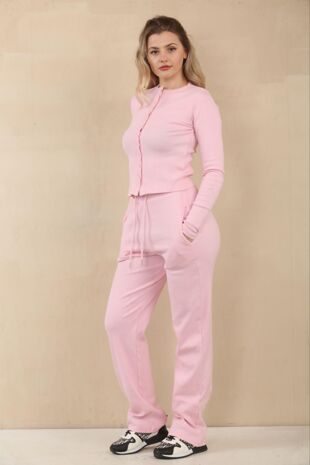 Pink  Fine Rib Button Detail Top With Wide Leg Trouser Set