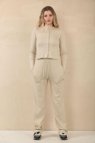 Oatmeal Fine Rib Button Detail Top With Wide Leg Trouser Set