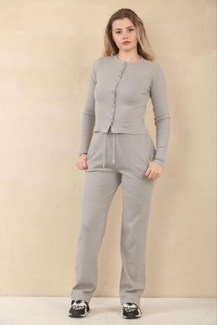 Dove Grey Fine Rib Button Detail Top With Wide Leg Trouser Set