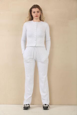 Bleach Grey Fine Rib Button Detail Top With Wide Leg Trouser Set