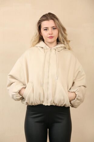 Beige Bubble Hem Zip Up Fleece Jacket