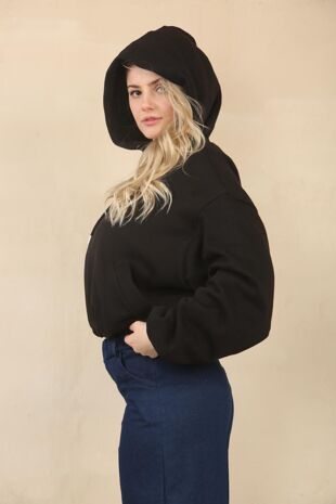 Black Bubble Hem Zip Up Fleece Jacket