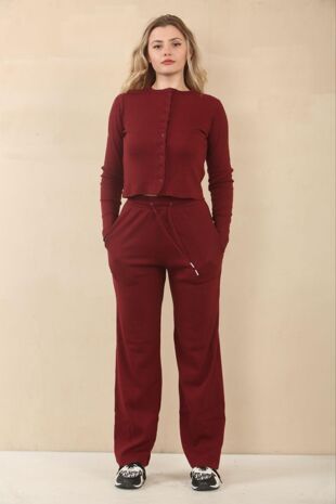 Wine Fine Rib Button Detail Top With Wide Leg Trouser Set