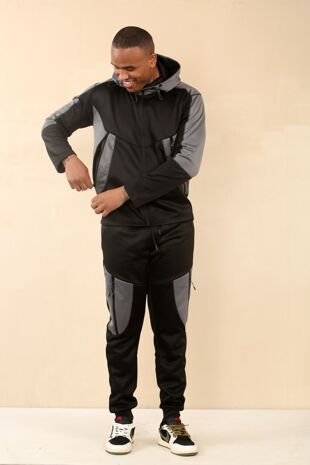 Black With Grey Casual Hooded Sweat Tracksuit Set Pre Order