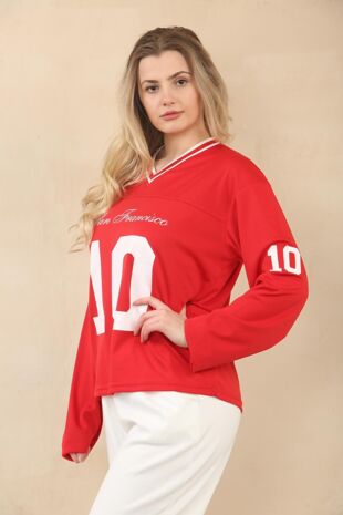 Red San Francisco Varsity Sports Jersey V-Neck Full Sleeve T-Shirt
