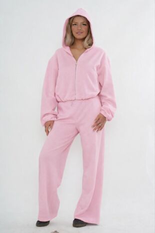 Pink Bubble Hem Zip Up Hoodie With Relaxed Trouser