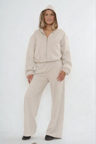 Oatmeal Bubble Hem Zip Up Hoodie With Relaxed Trouser